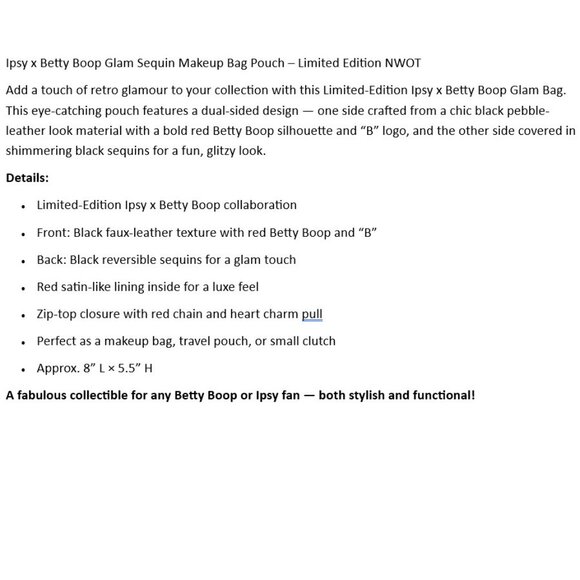 Ipsy x Betty Boop Glam Sequin Makeup Bag Pouch – Limited Edition NWOT - Picture 2 of 4